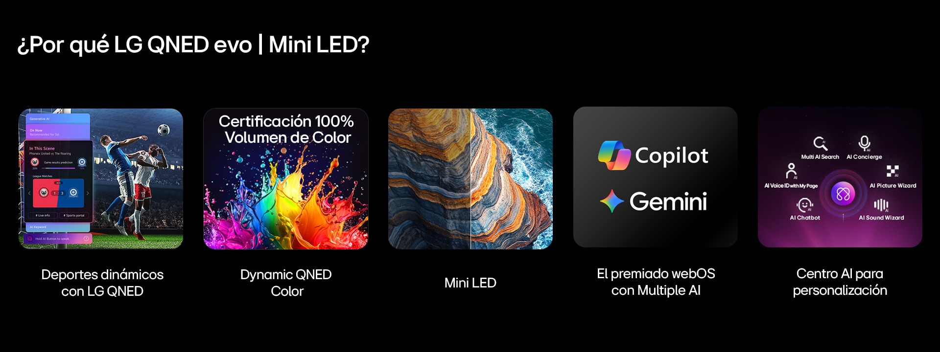 Televisor LG QNED sobre un fondo oscuro y colorido. En la pantalla, una obra de arte brillante y colorida muestra la tecnología de color de QNED y su capacidad para mostrar una amplia gama de tonos con gran contraste. Se ve el logotipo de LG QNED AI. El título dice: "Cada color redefinido con el color dinámico de QNED".